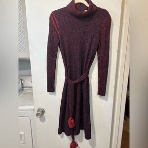 Vintage FRANCESCA For DAMON Red Black Turtleneck L/S Tassel Tie Belt Dress Sz 10